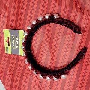 Cranberry red velvet wrapped headband with large pearls.